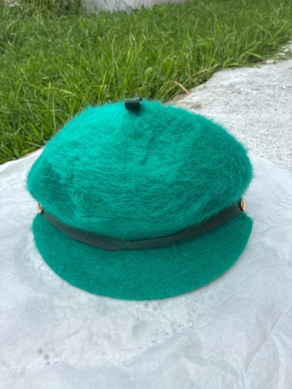 John Wanamaker Vintage Angora Newsboy Cap Made in England Green Hat